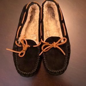 Ugh, black suede fur lined moccasin slippers, size 8